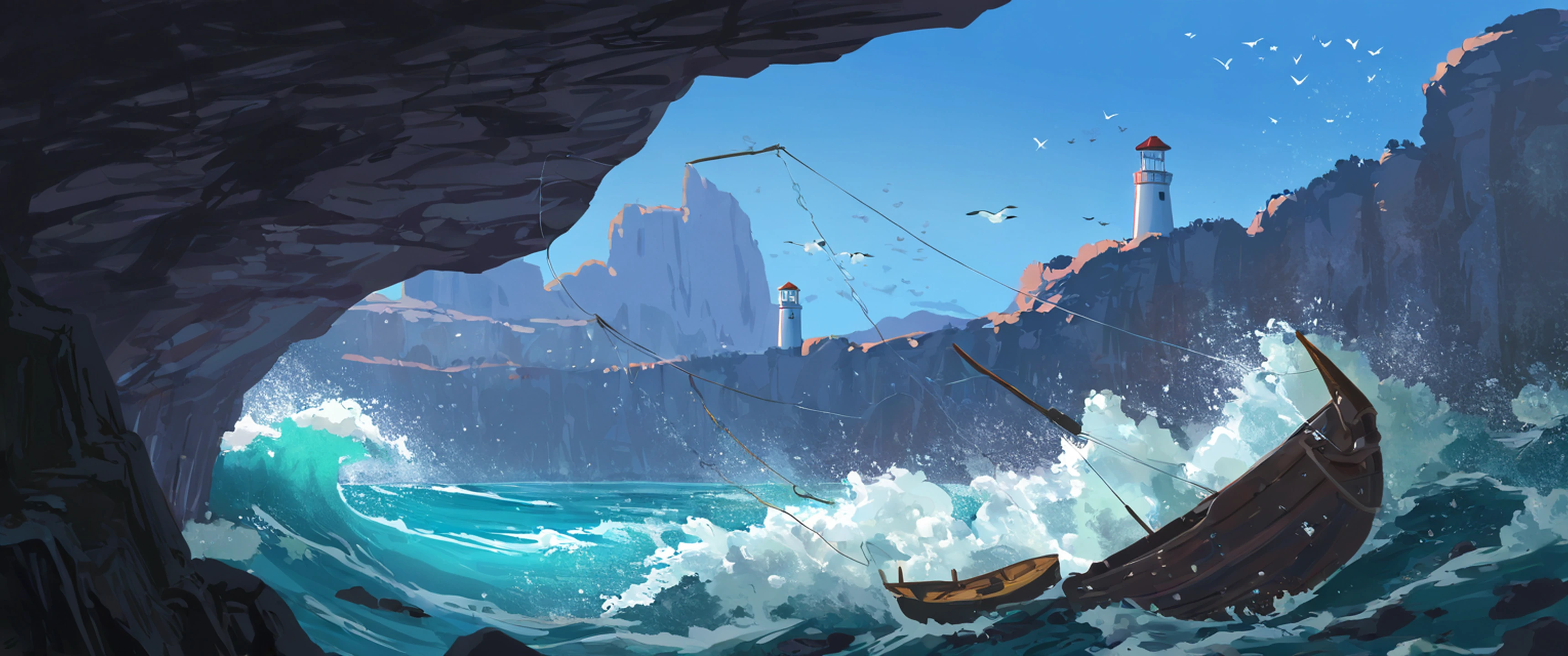 seaside lighthouse lofi wallpaper