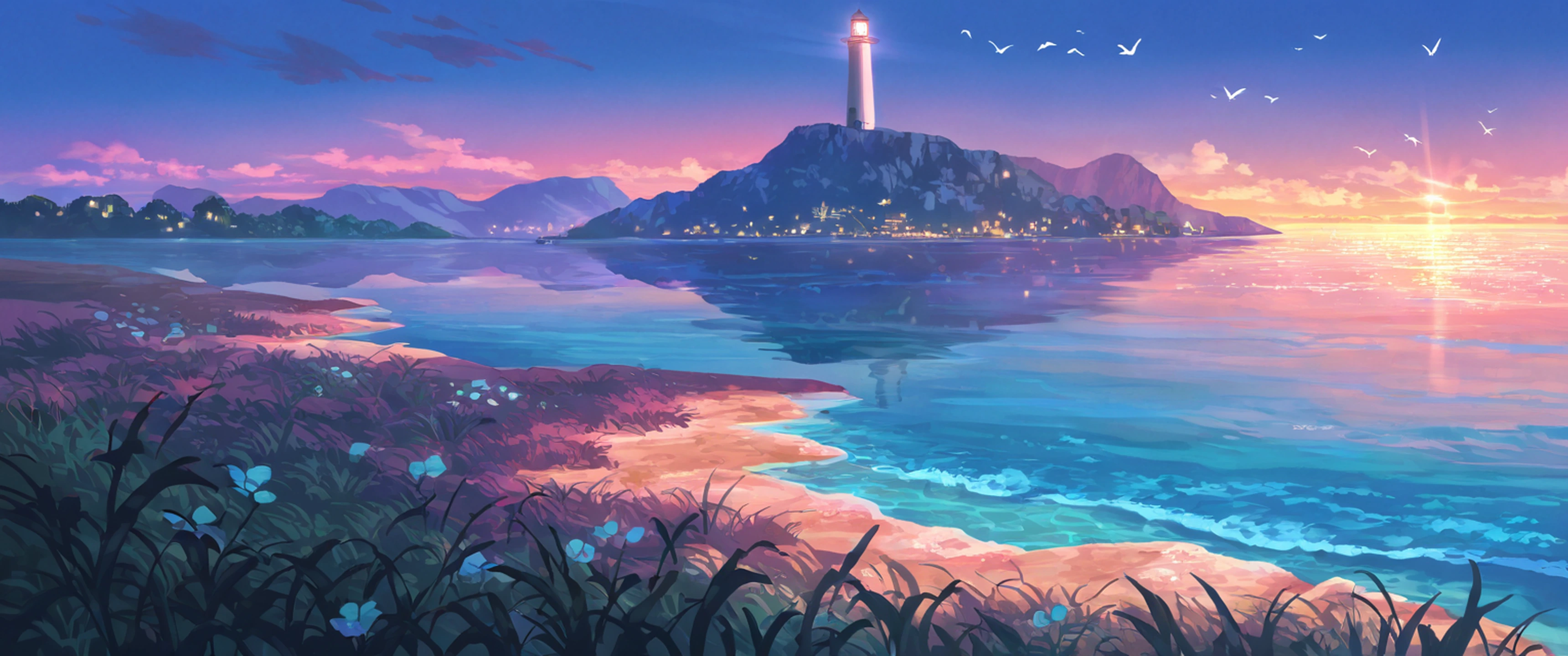 seaside lighthouse lofi wallpaper