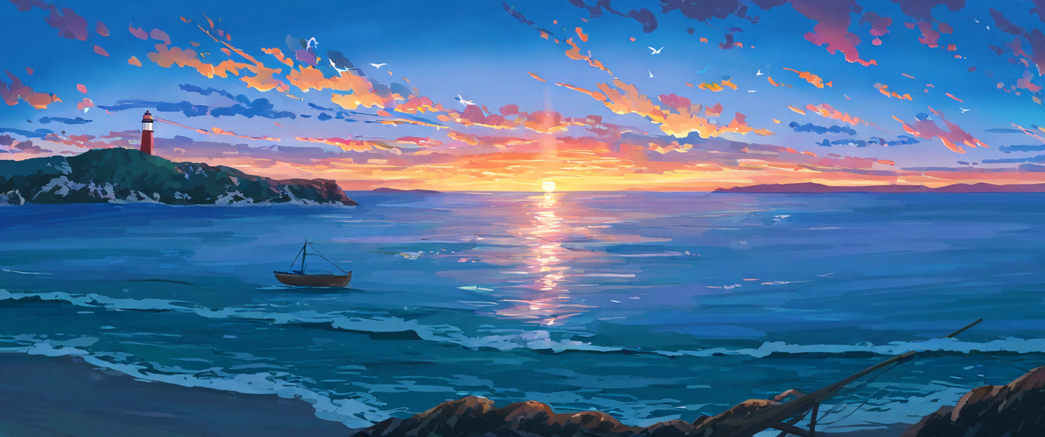 seaside lighthouse lofi wallpaper