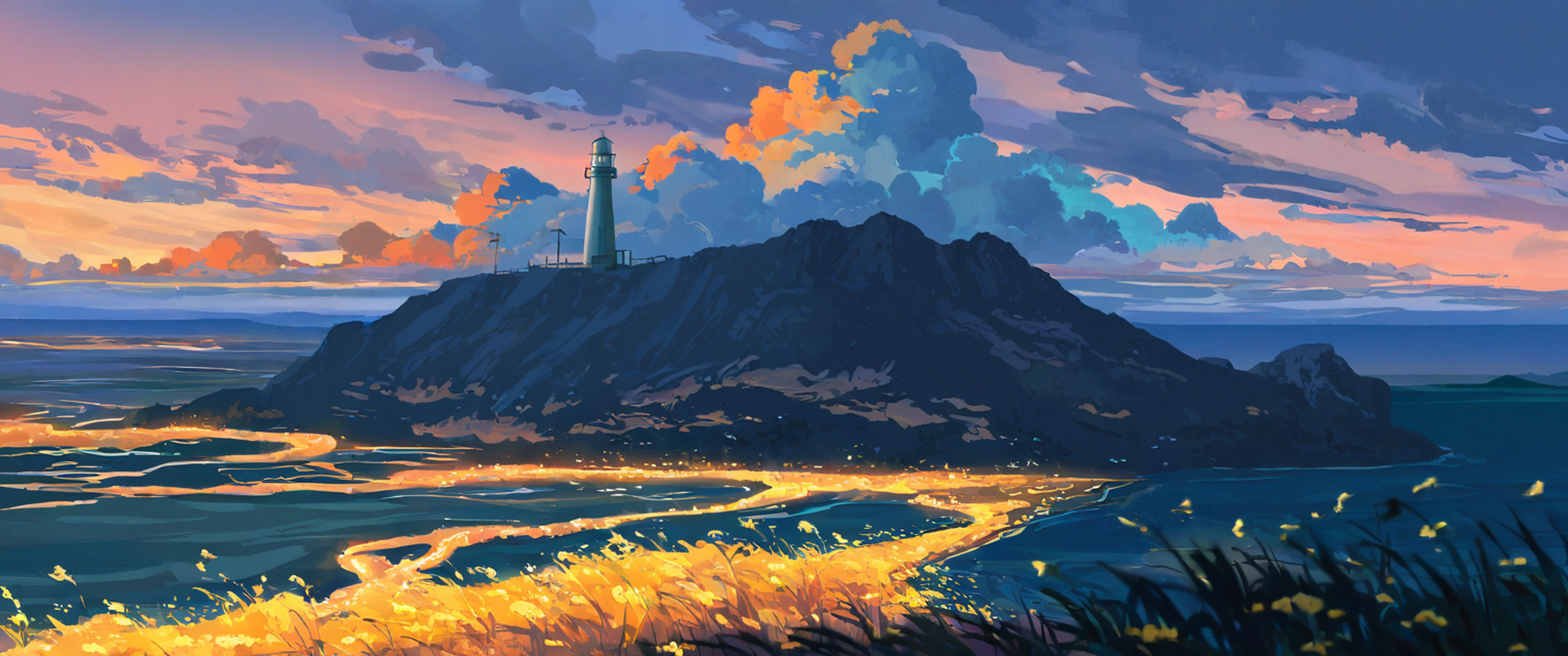 seaside lighthouse lofi wallpaper