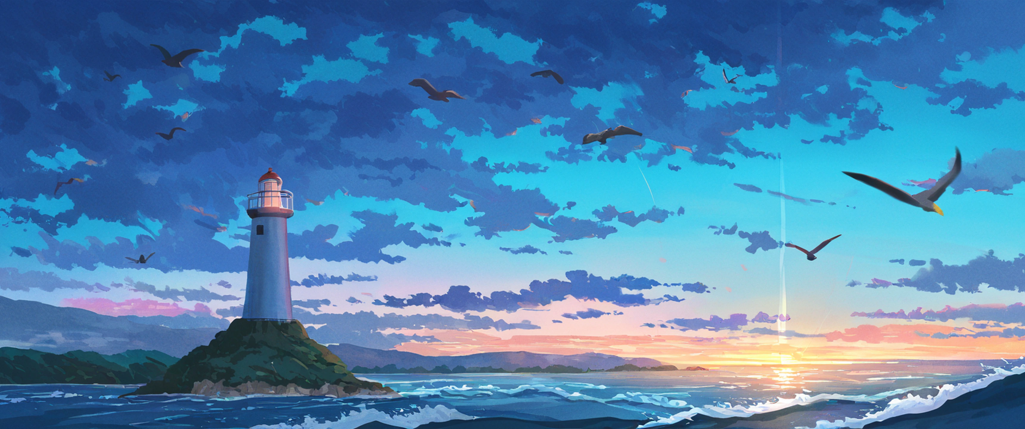 seaside lighthouse lofi wallpaper