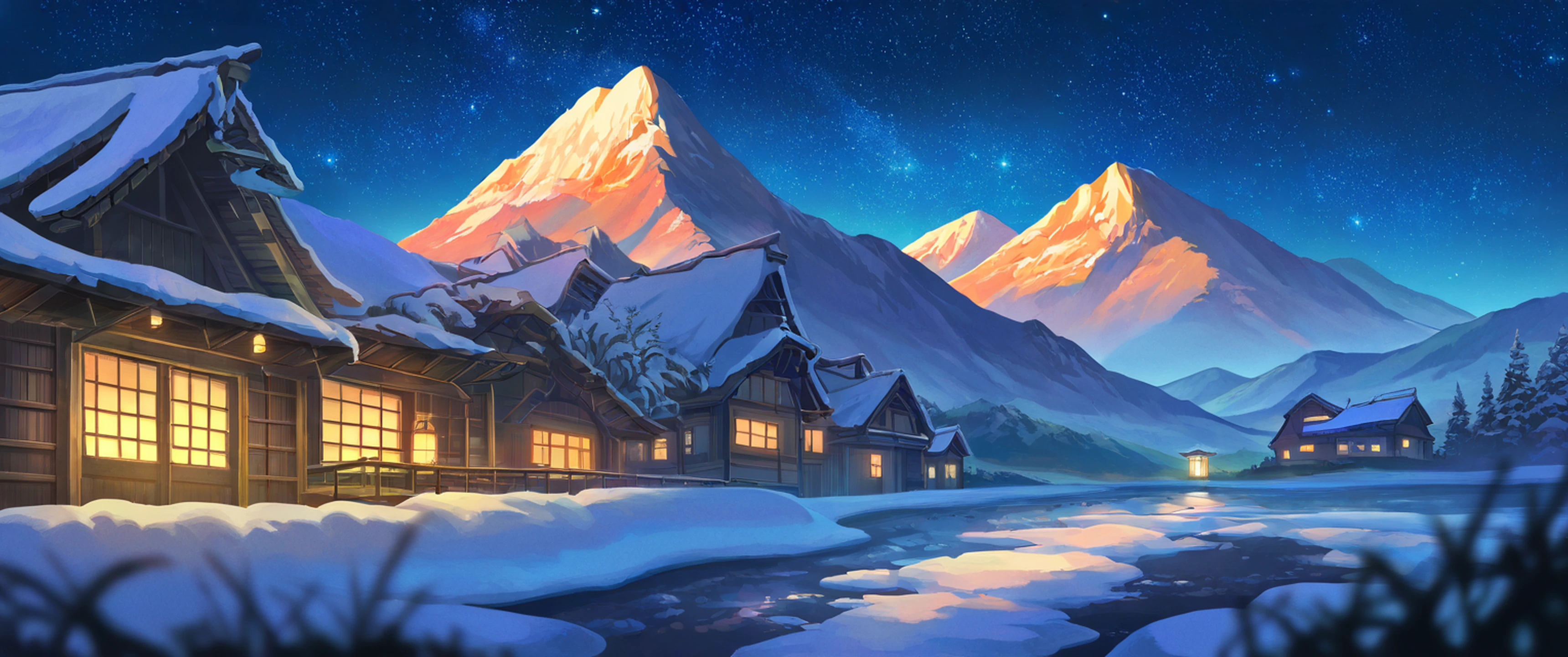Snowy Mountain Village lofi wallpaper