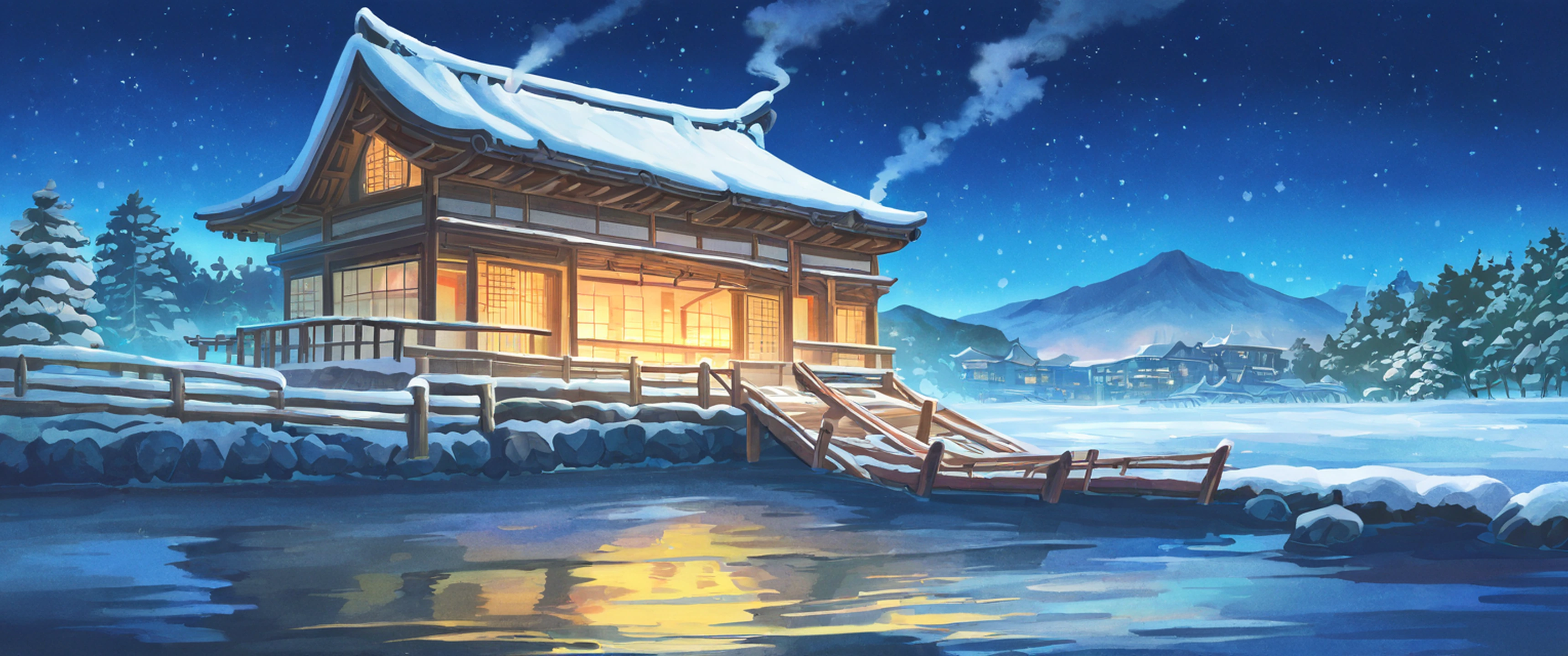 Snowy Mountain Village lofi wallpaper