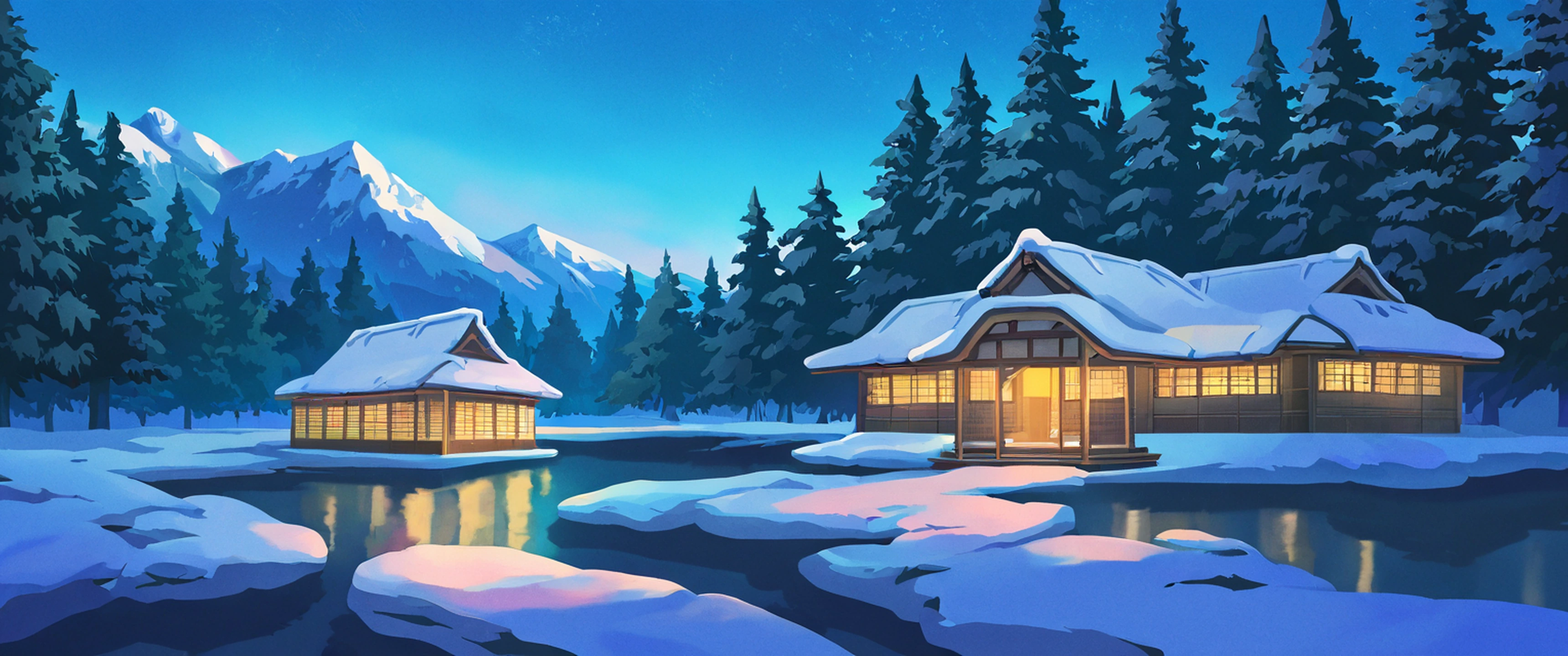 Snowy Mountain Village lofi wallpaper