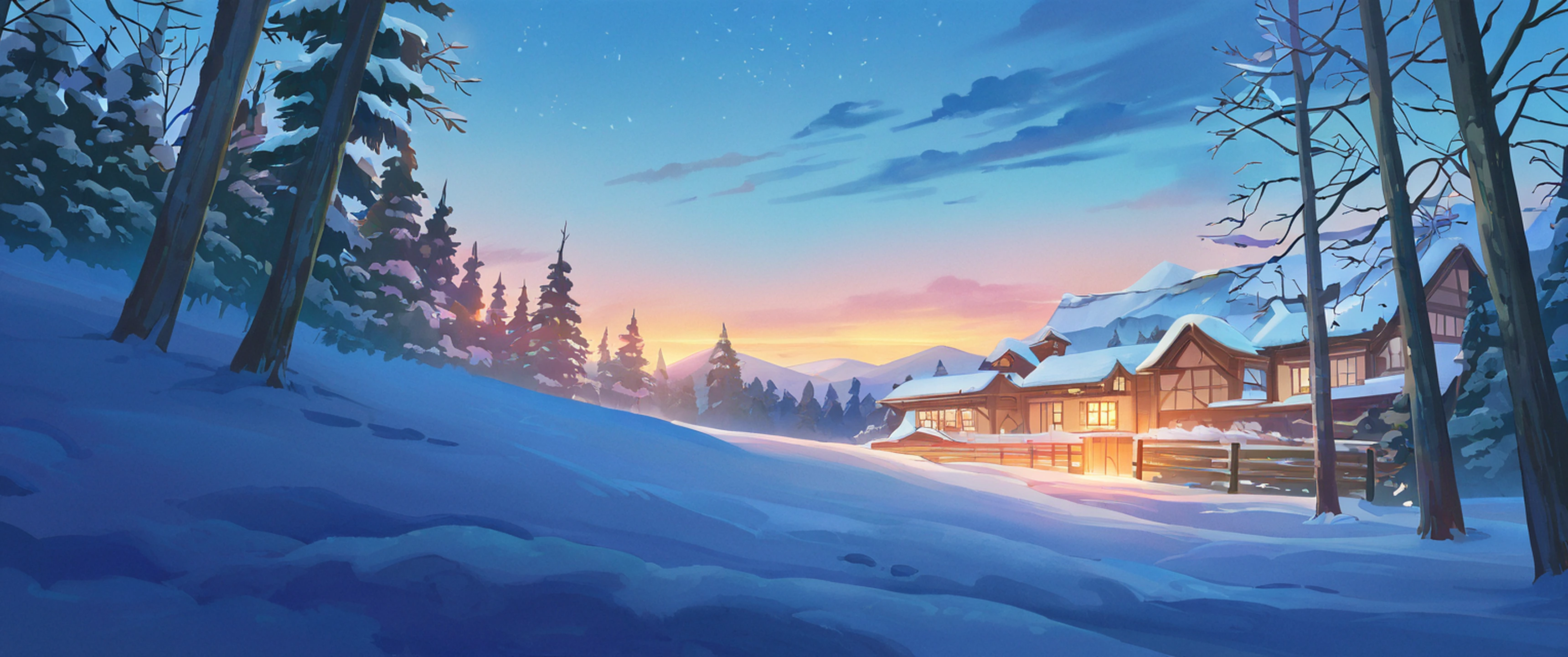 Snowy Mountain Village lofi wallpaper