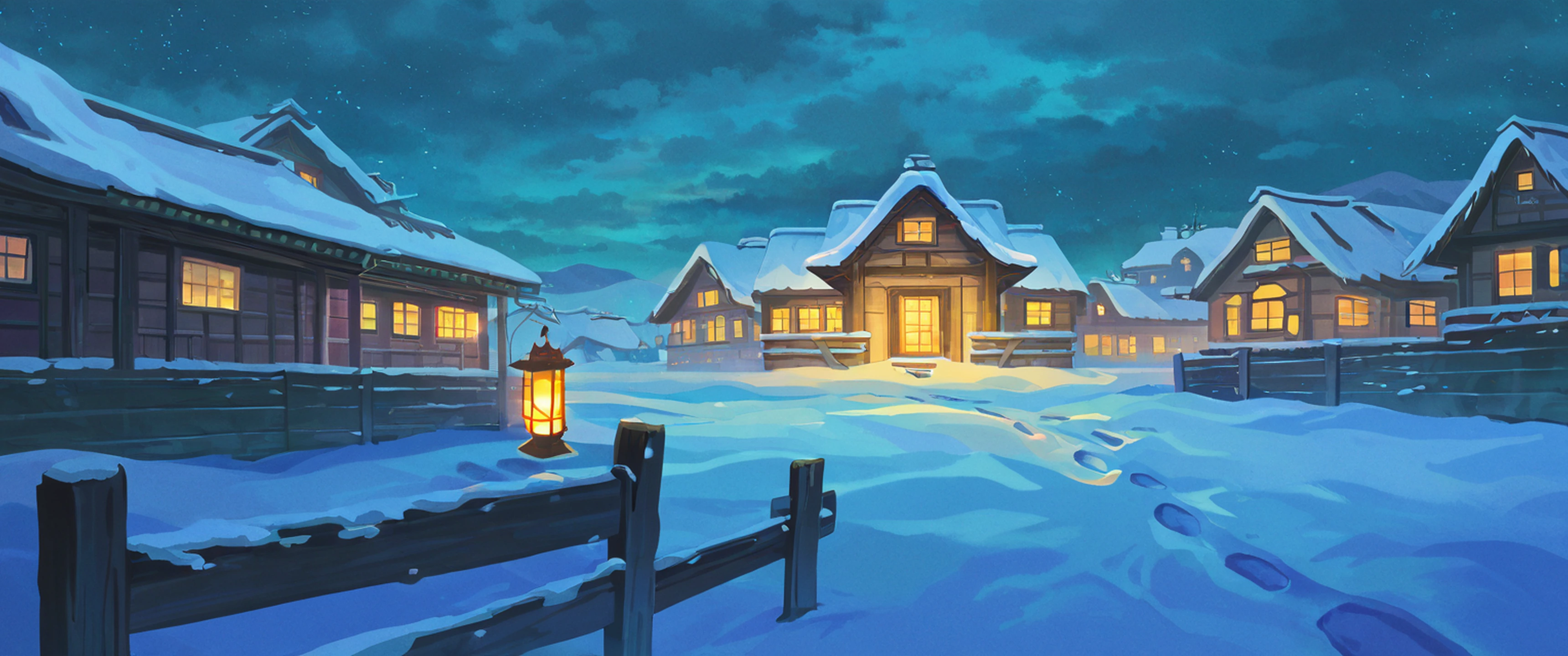 Snowy Mountain Village lofi wallpaper