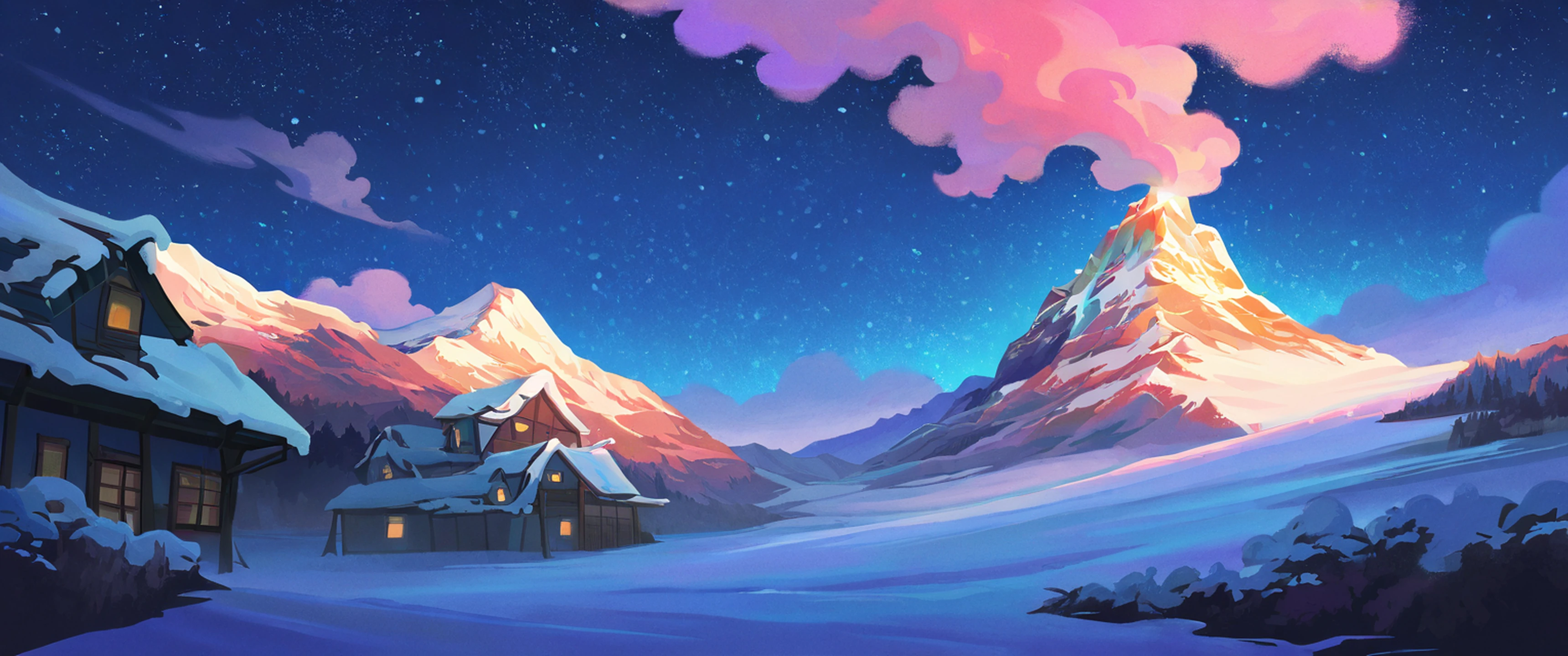 Snowy Mountain Village lofi wallpaper