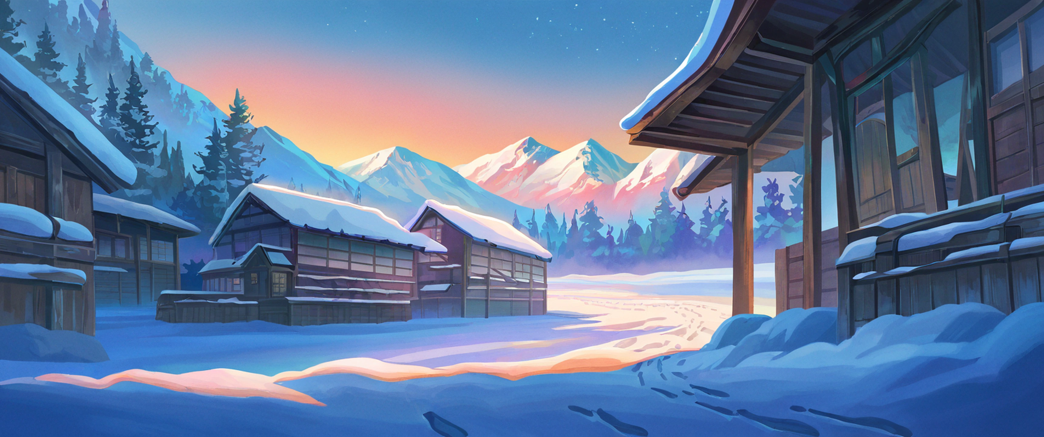 Snowy Mountain Village lofi wallpaper