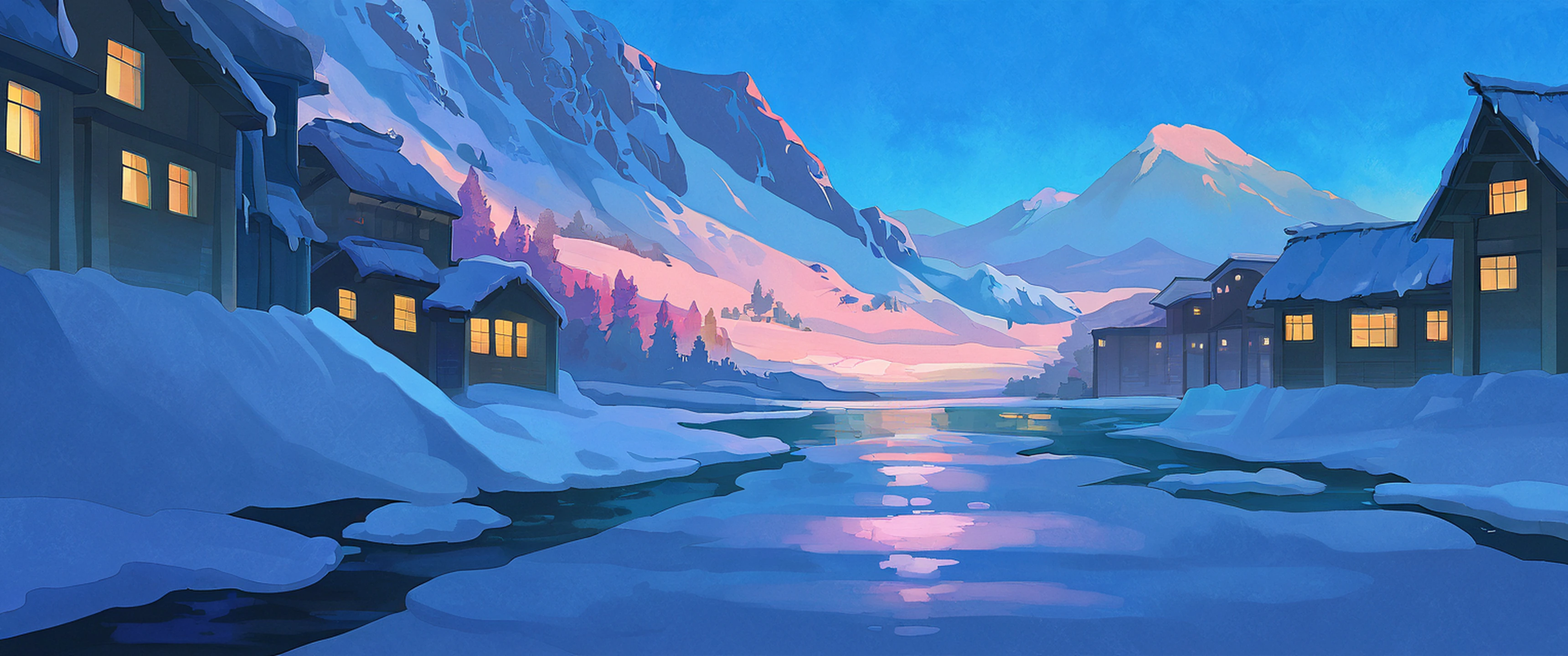 Snowy Mountain Village lofi wallpaper