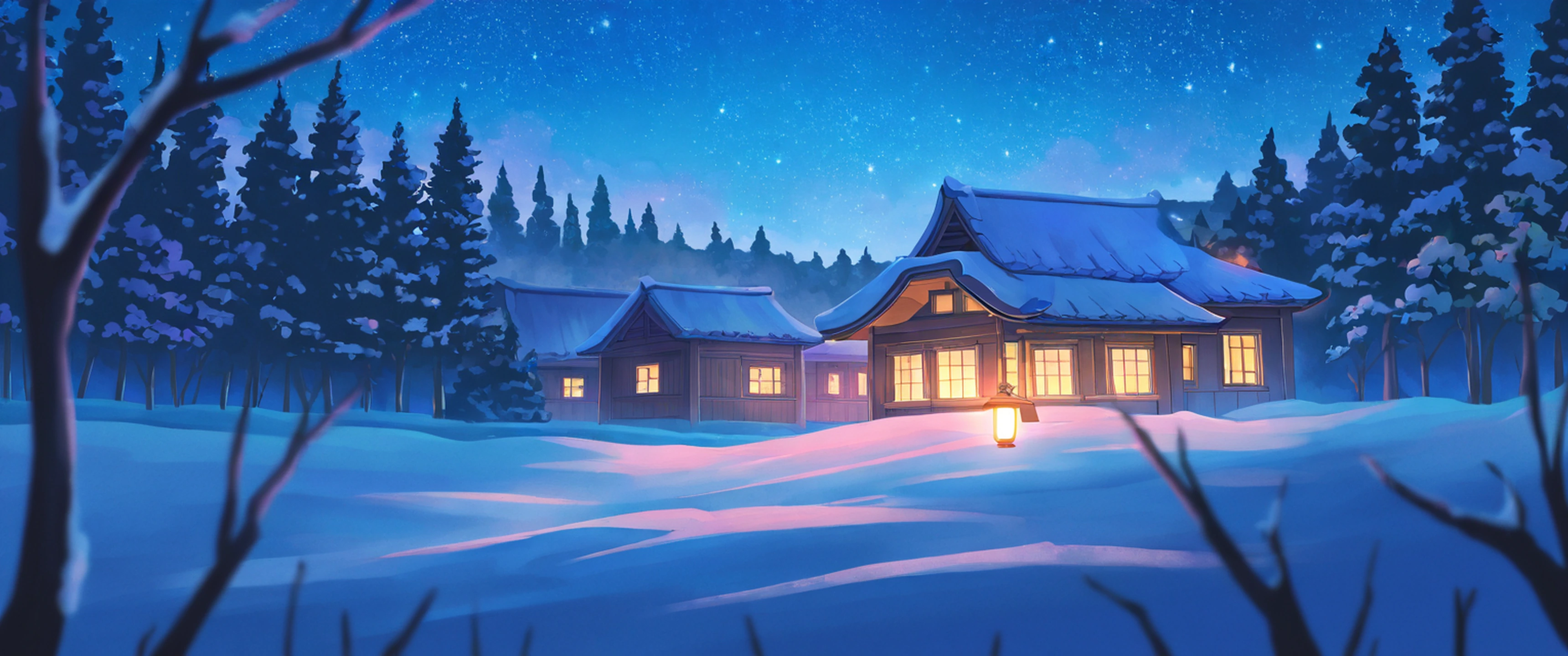 Snowy Mountain Village lofi wallpaper