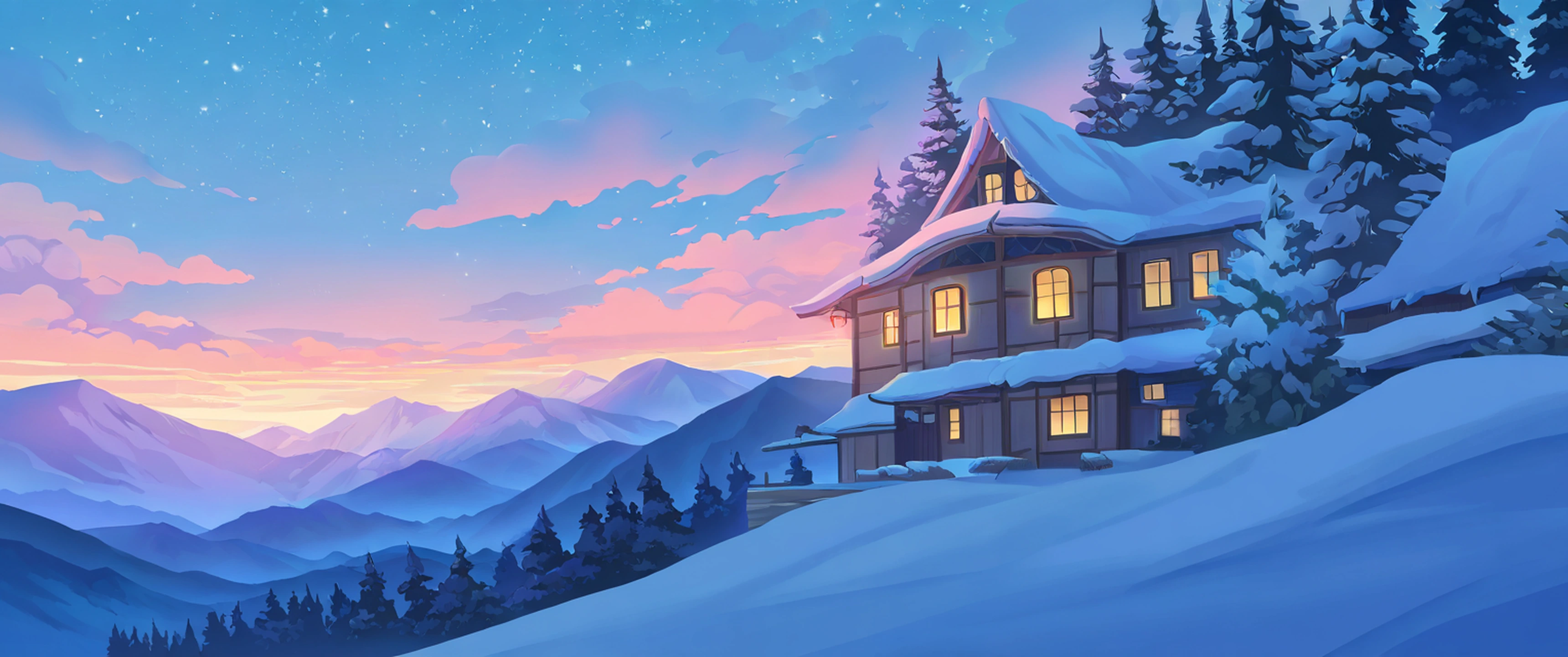 Snowy Mountain Village lofi wallpaper