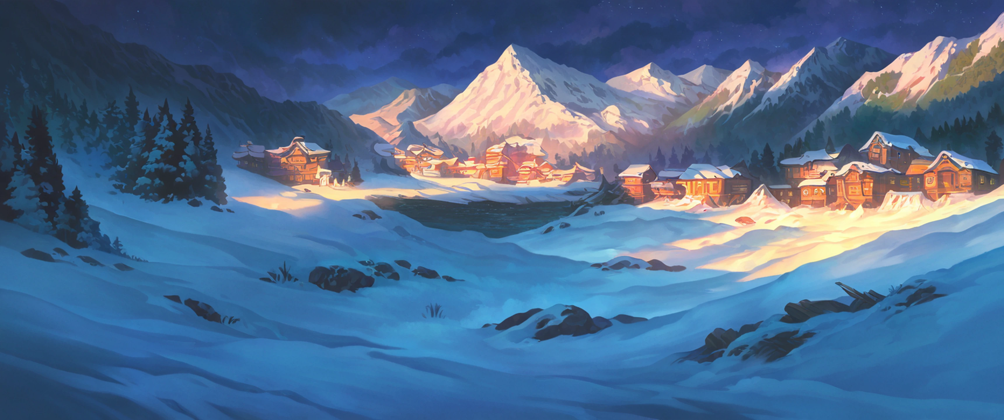 Snowy Mountain Village lofi wallpaper