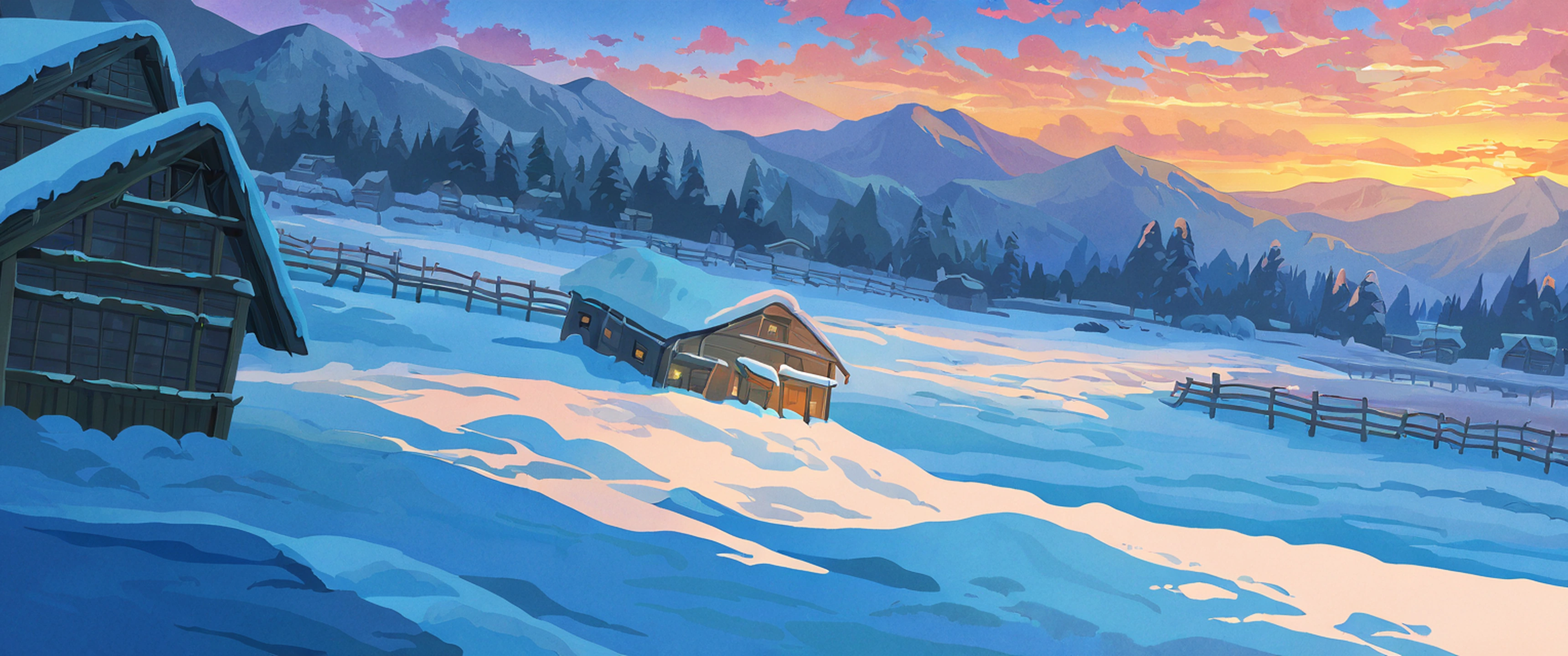 Snowy Mountain Village lofi wallpaper