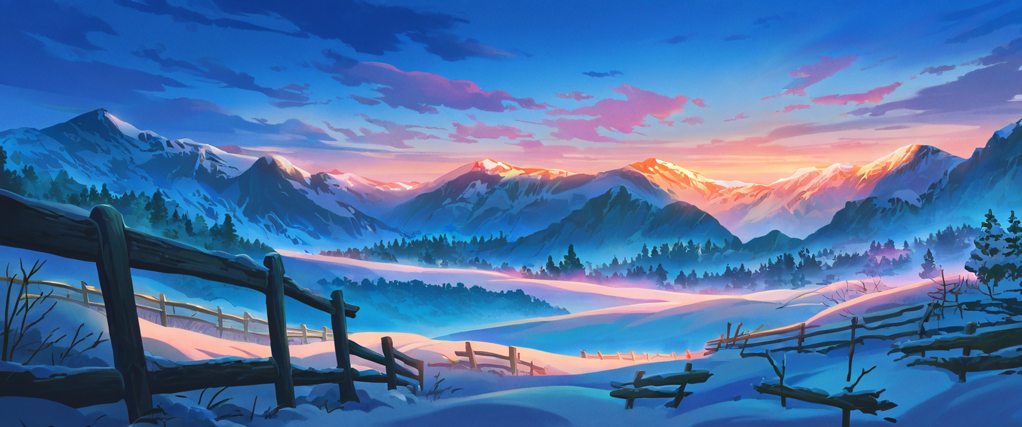 Snowy Mountain Village lofi wallpaper