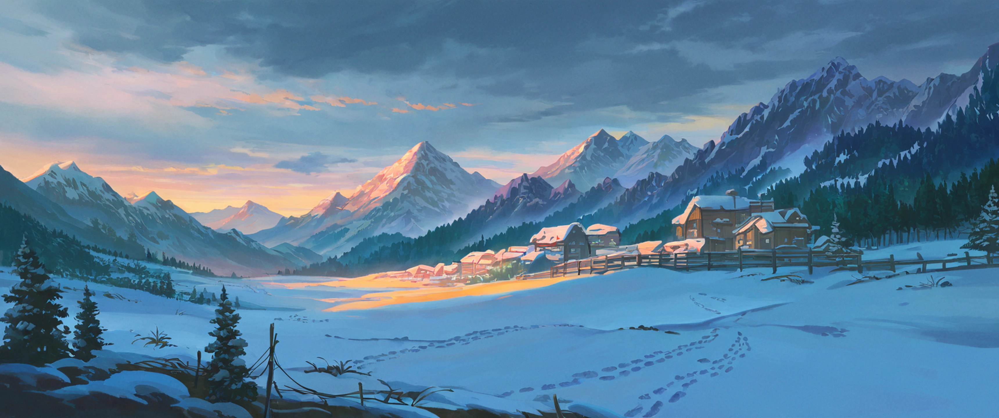 Snowy Mountain Village lofi wallpaper