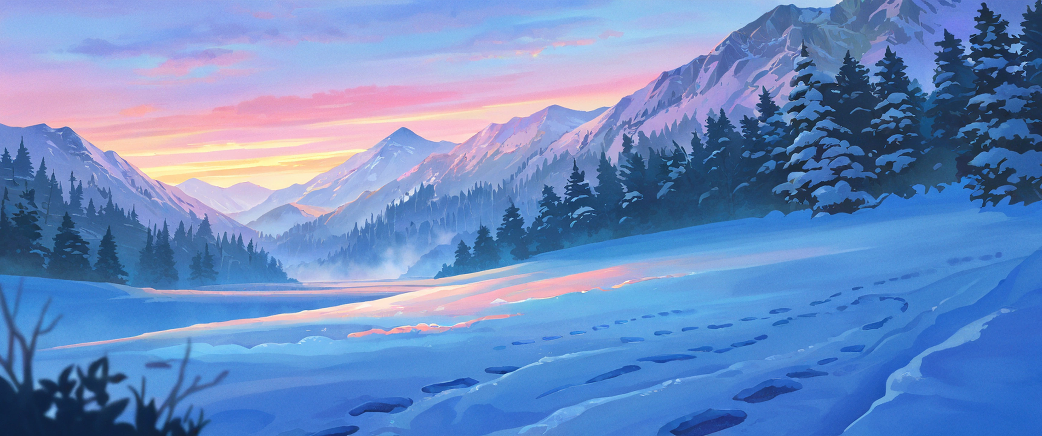 Snowy Mountain Village lofi wallpaper