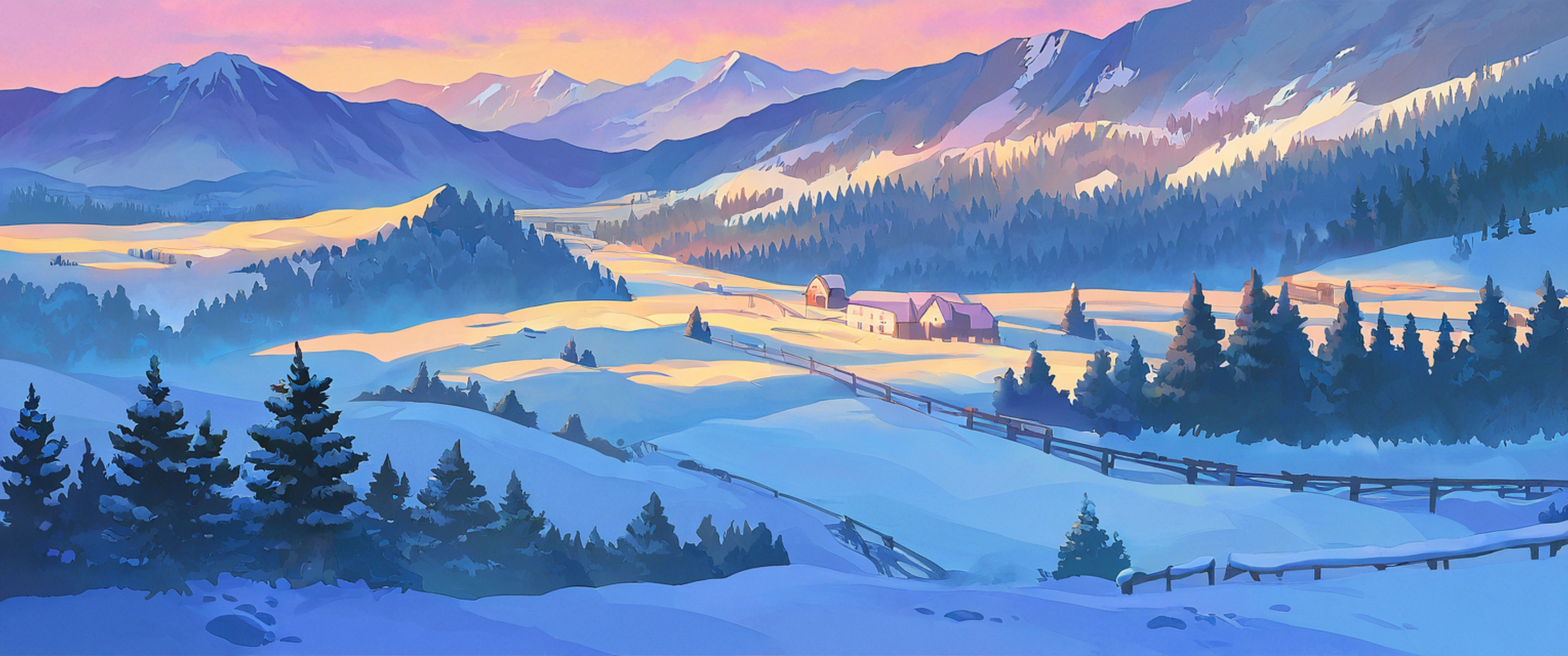 Snowy Mountain Village lofi wallpaper