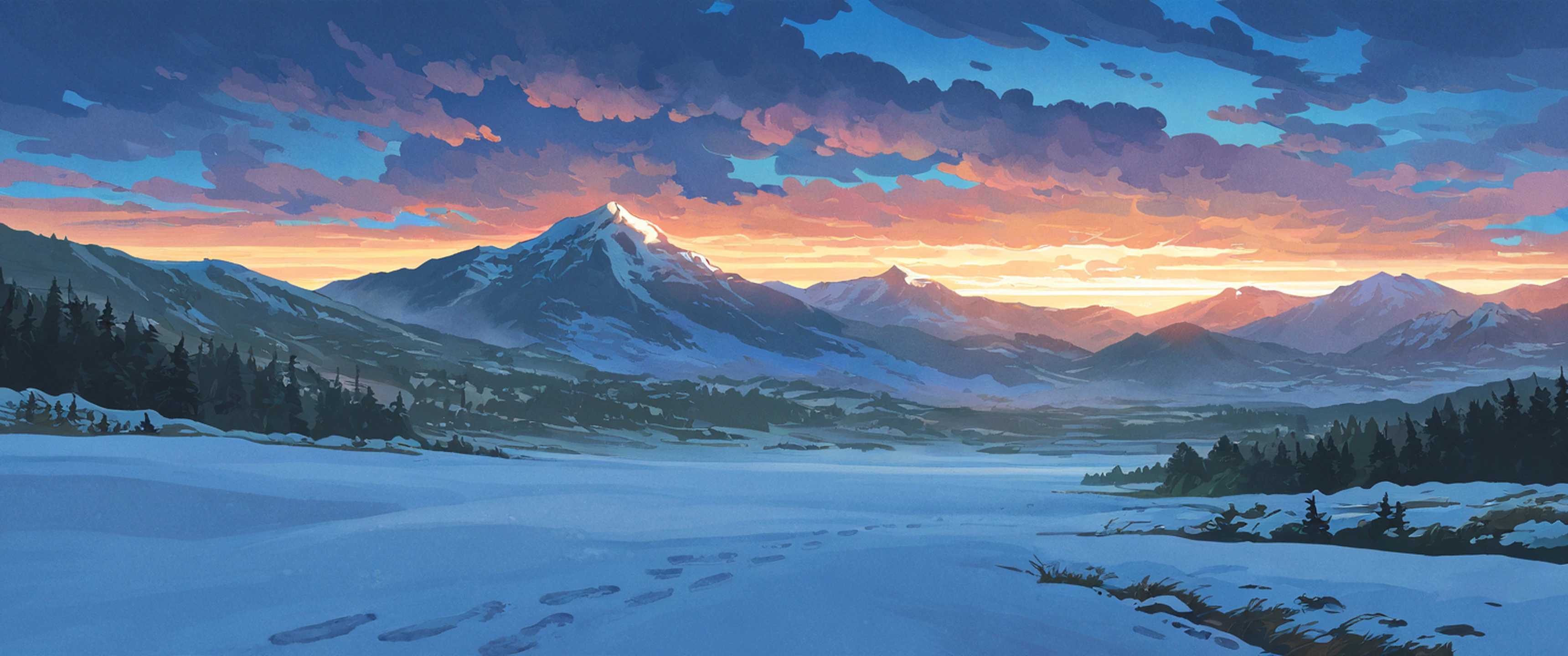 Snowy Mountain Village lofi wallpaper