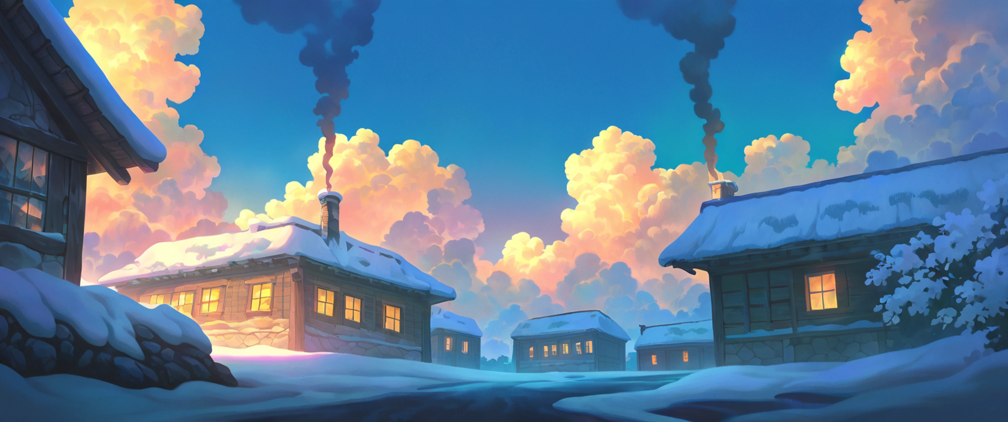 Snowy Mountain Village lofi wallpaper