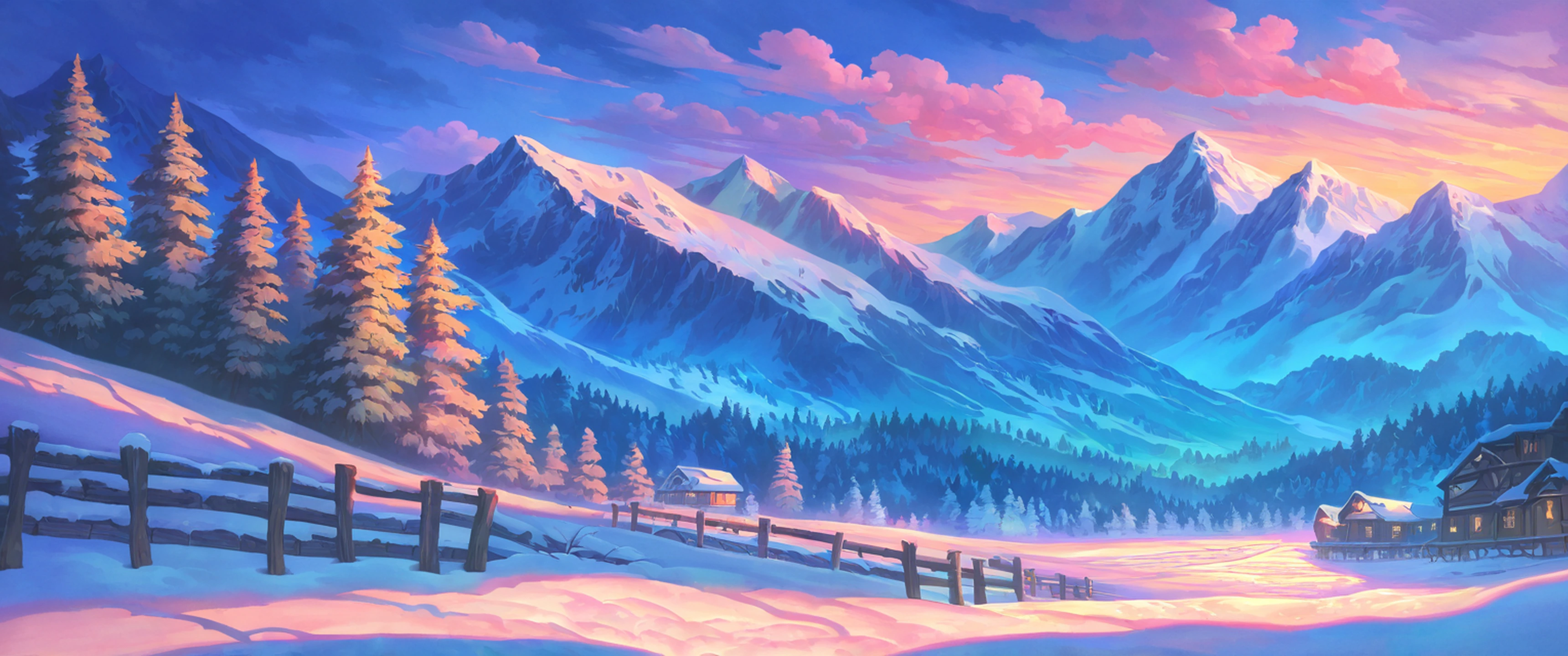 Snowy Mountain Village lofi wallpaper
