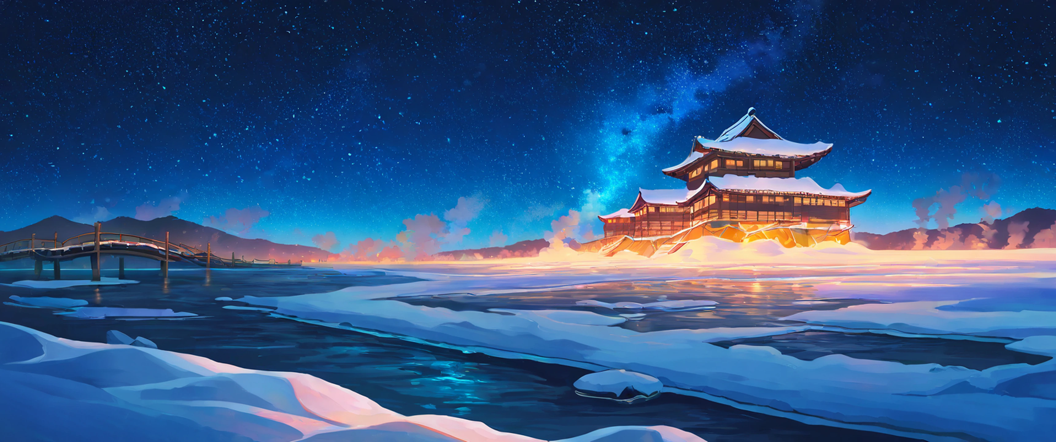 Snowy Mountain Village lofi wallpaper