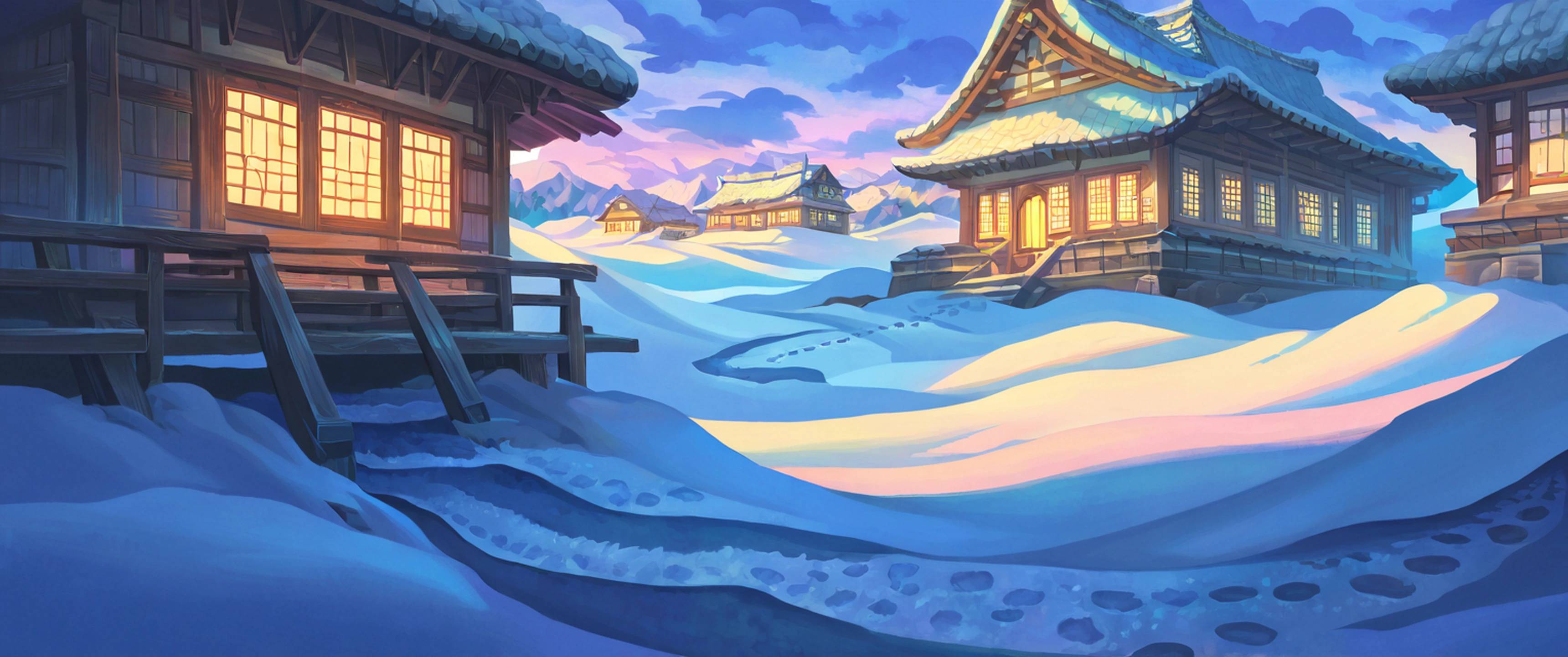 Snowy Mountain Village lofi wallpaper