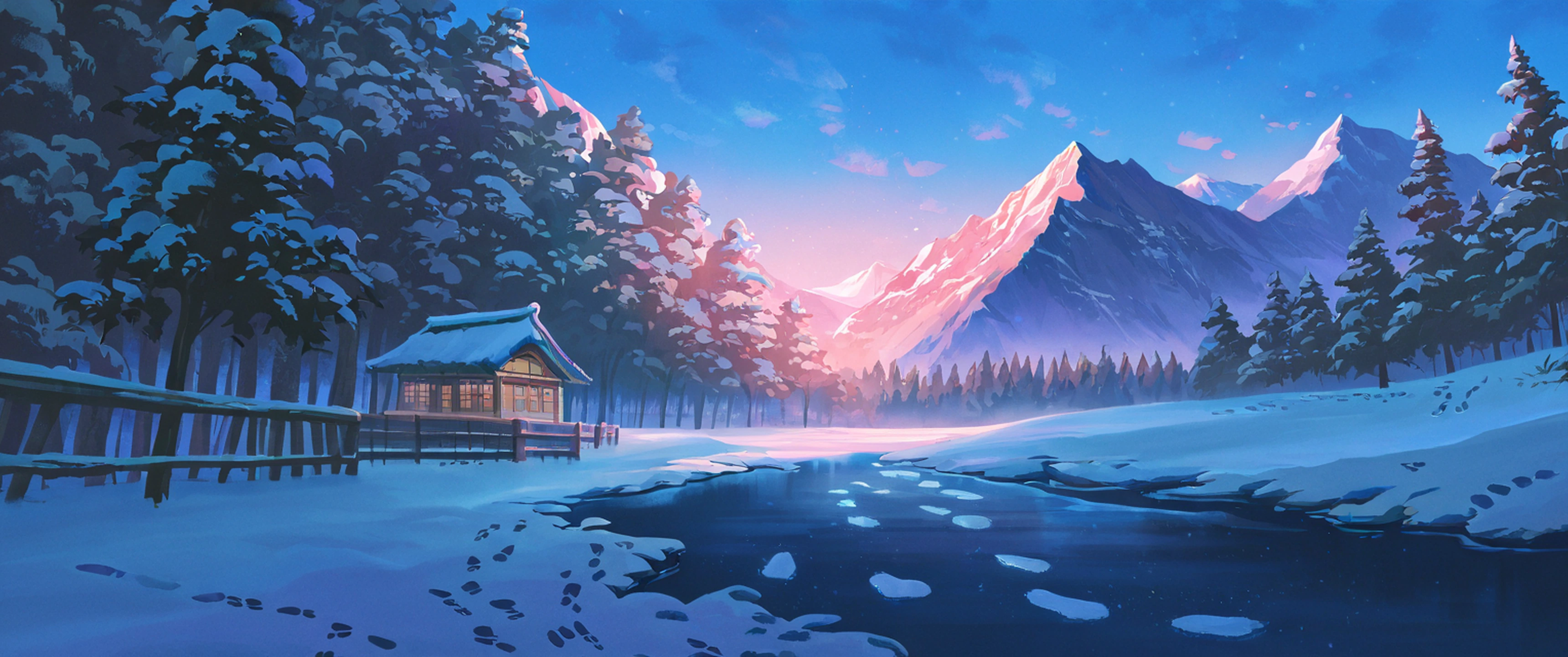 Snowy Mountain Village lofi wallpaper