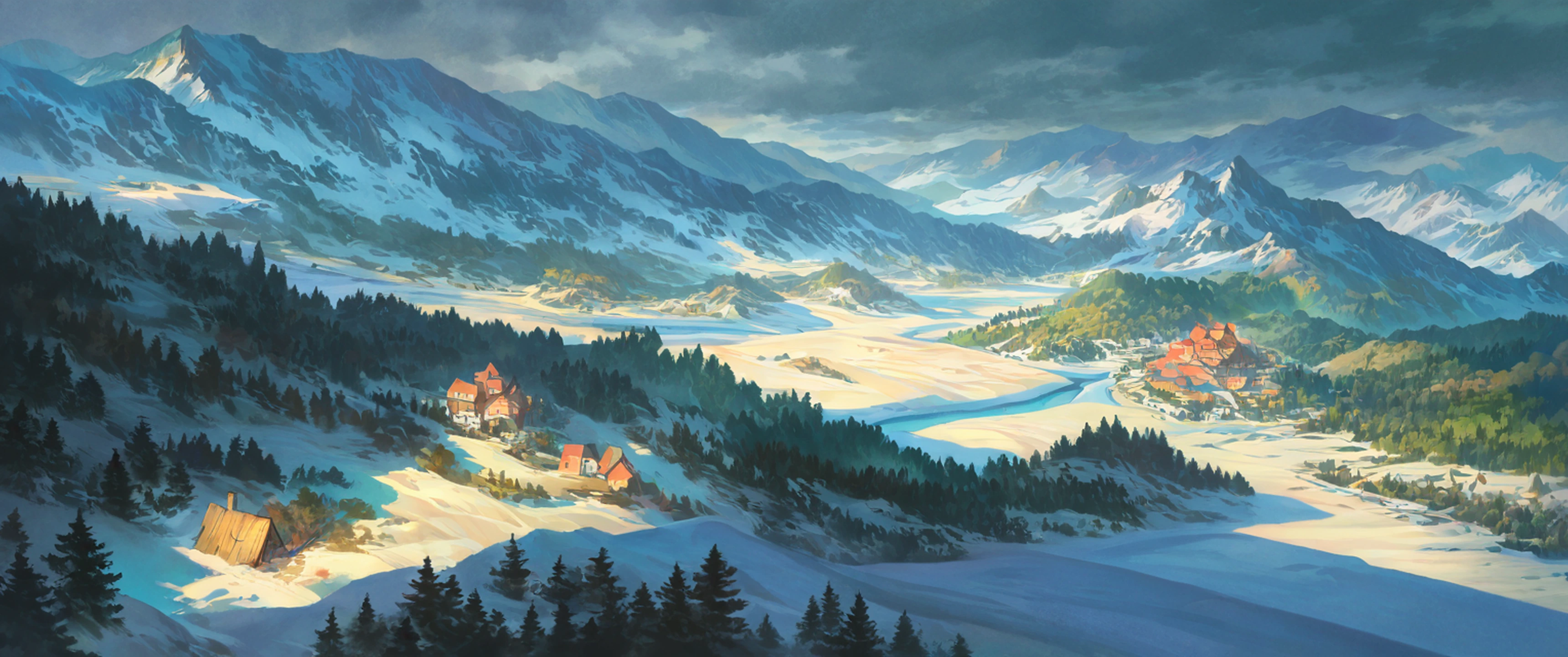 Snowy Mountain Village lofi wallpaper