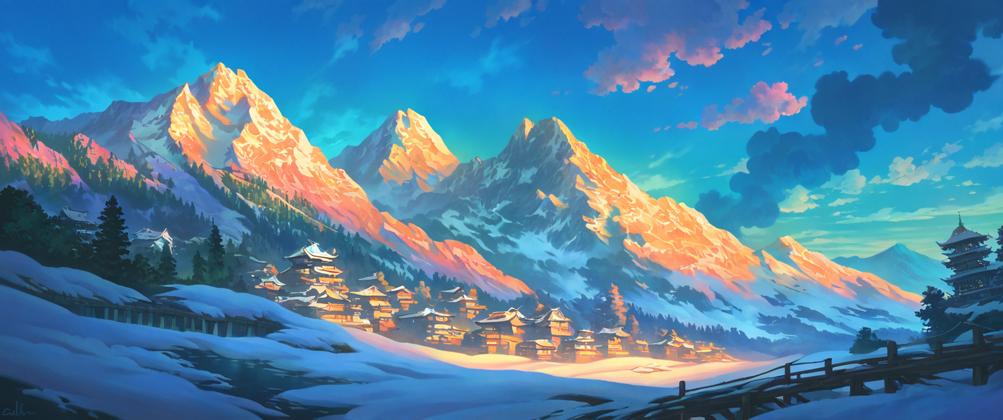 Snowy Mountain Village lofi wallpaper