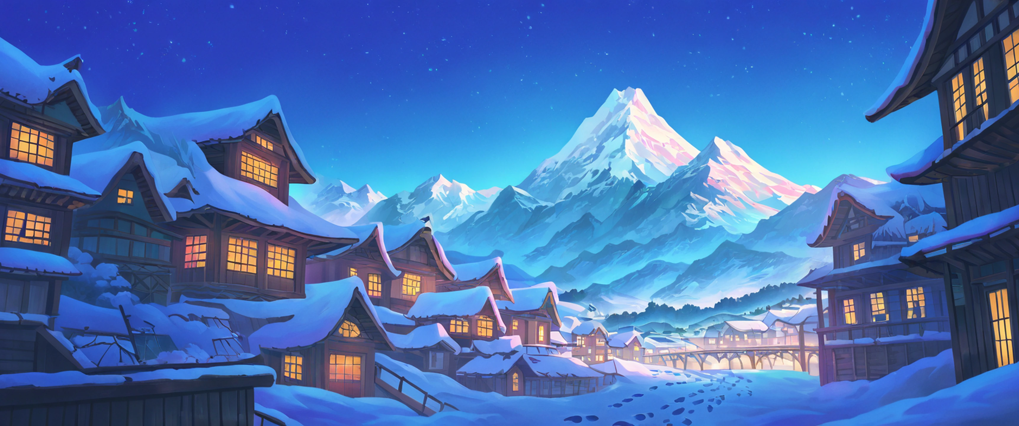 Snowy Mountain Village lofi wallpaper