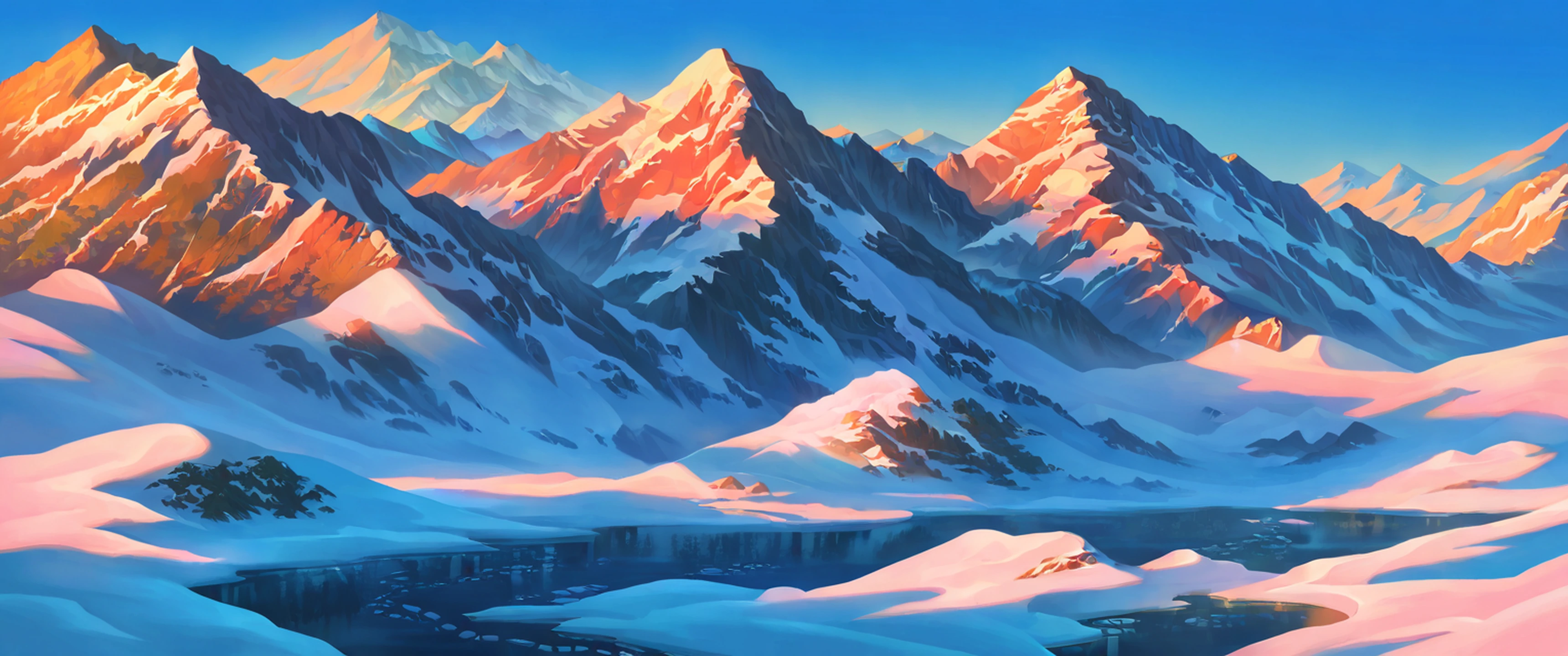 Snowy Mountain Village lofi wallpaper