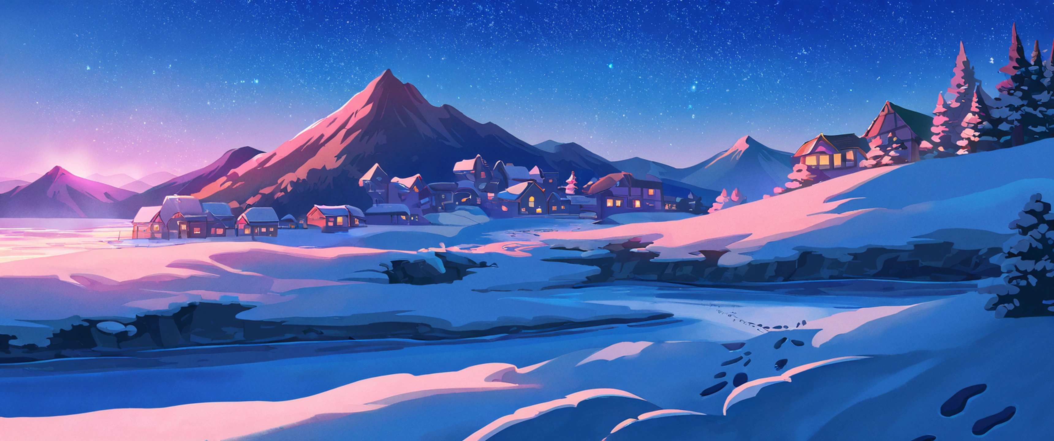 Snowy Mountain Village lofi wallpaper