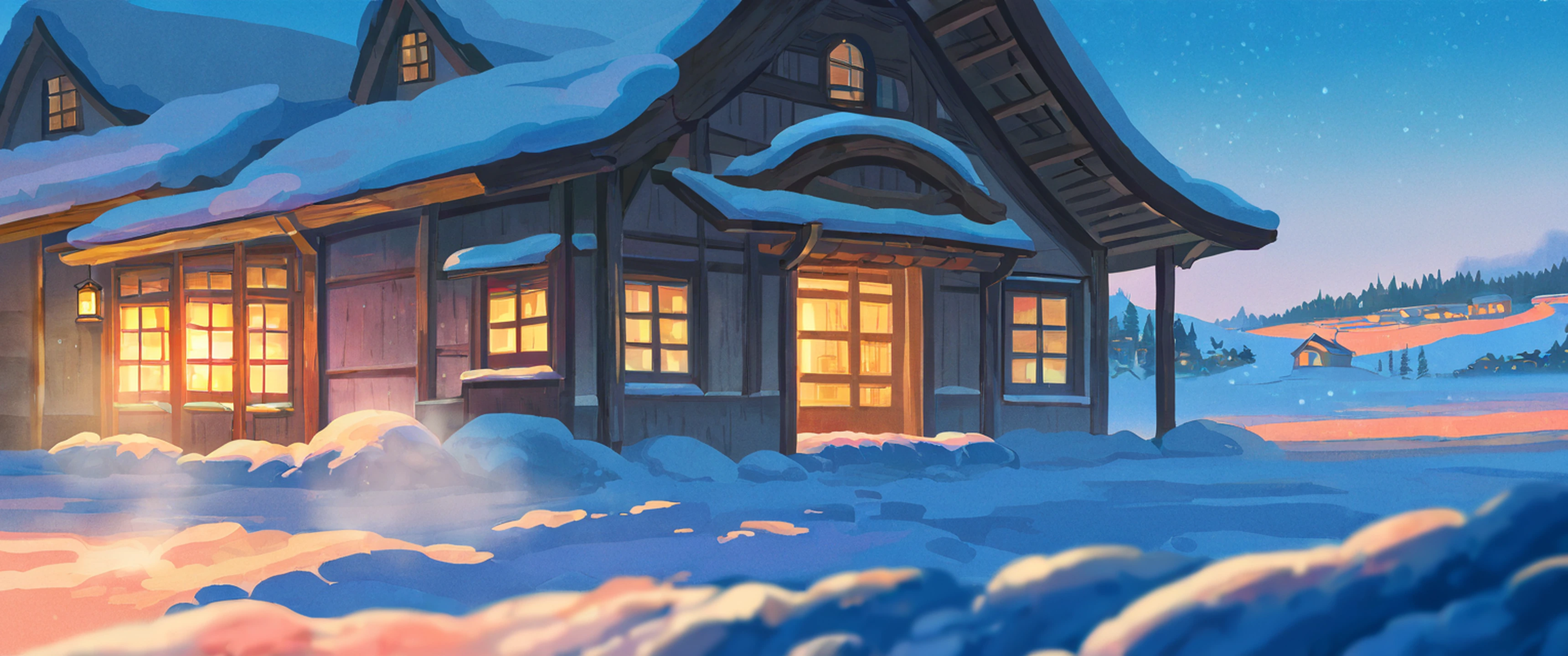 Snowy Mountain Village lofi wallpaper