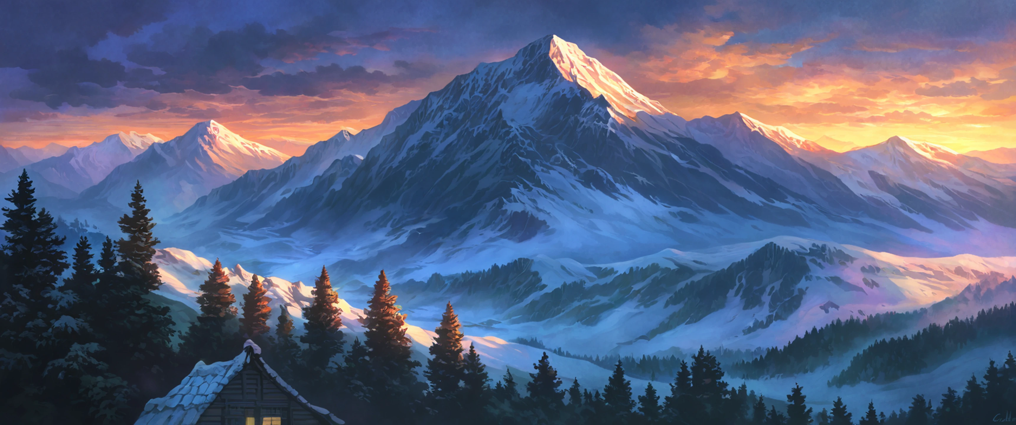 Snowy Mountain Village lofi wallpaper