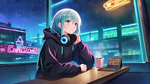 Cyberpunk Girl Neon Cafe lofi anime wallpaper preview