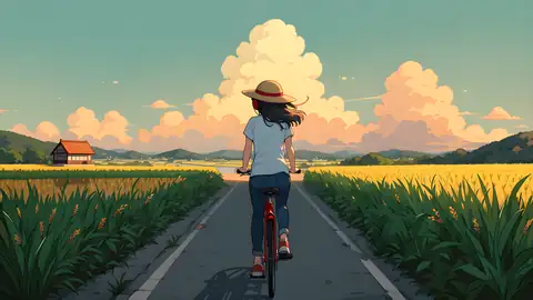 Girl Bicycle Countryside lofi anime wallpaper preview