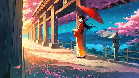 Girl Sakura Umbrella lofi anime wallpaper preview