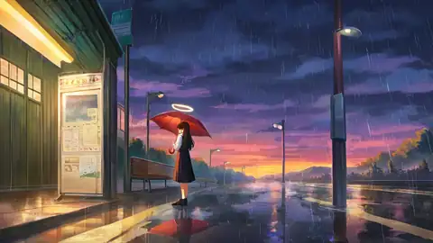 Rainy Bus Stop lofi anime wallpaper preview
