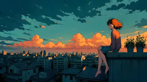 Rooftop Sunset lofi anime wallpaper preview