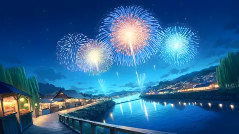 Summer Fireworks River lofi anime wallpaper preview