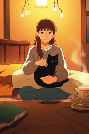 Girl With Cat Lamplight lofi wallpaper girl with cat lamplight 0124007911