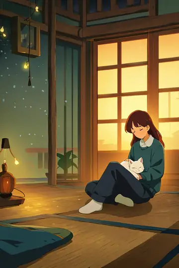 Girl With Cat Lamplight lofi wallpaper girl with cat lamplight 0411217342