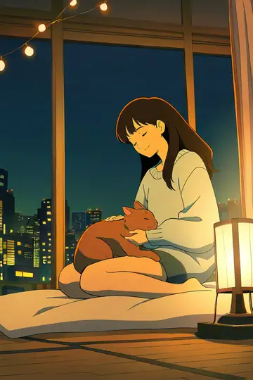 Girl With Cat Lamplight lofi wallpaper girl with cat lamplight 0792097739
