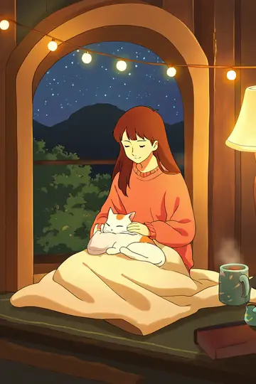 Girl With Cat Lamplight lofi wallpaper girl with cat lamplight 0831980012